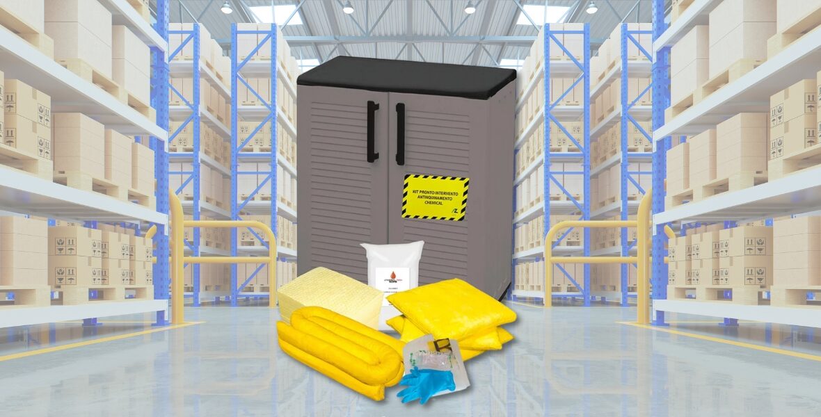 Kit antisversamento per prodotti chimici AZ SAFE in ambiente industriale chimico con DPI e assorbenti.