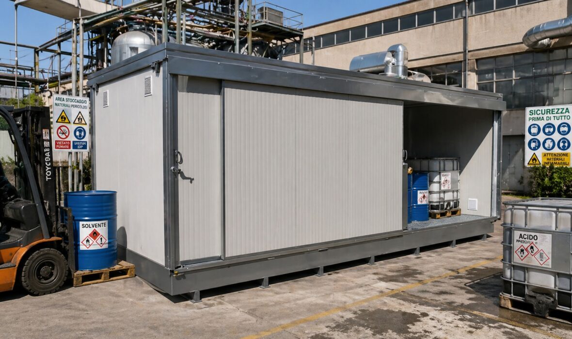 Container magazzino per materiali pericolosi utilizzato per lo stoccaggio sicuro di sostanze chimiche e liquidi industriali