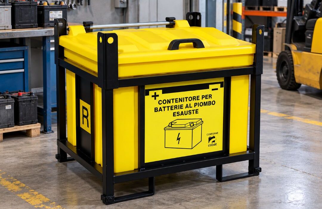 Contenitore per batterie esauste AZ SAFE in area di stoccaggio industriale