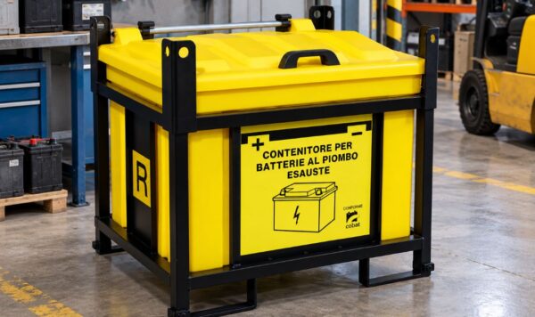 Contenitore per batterie esauste AZ SAFE in area di stoccaggio industriale